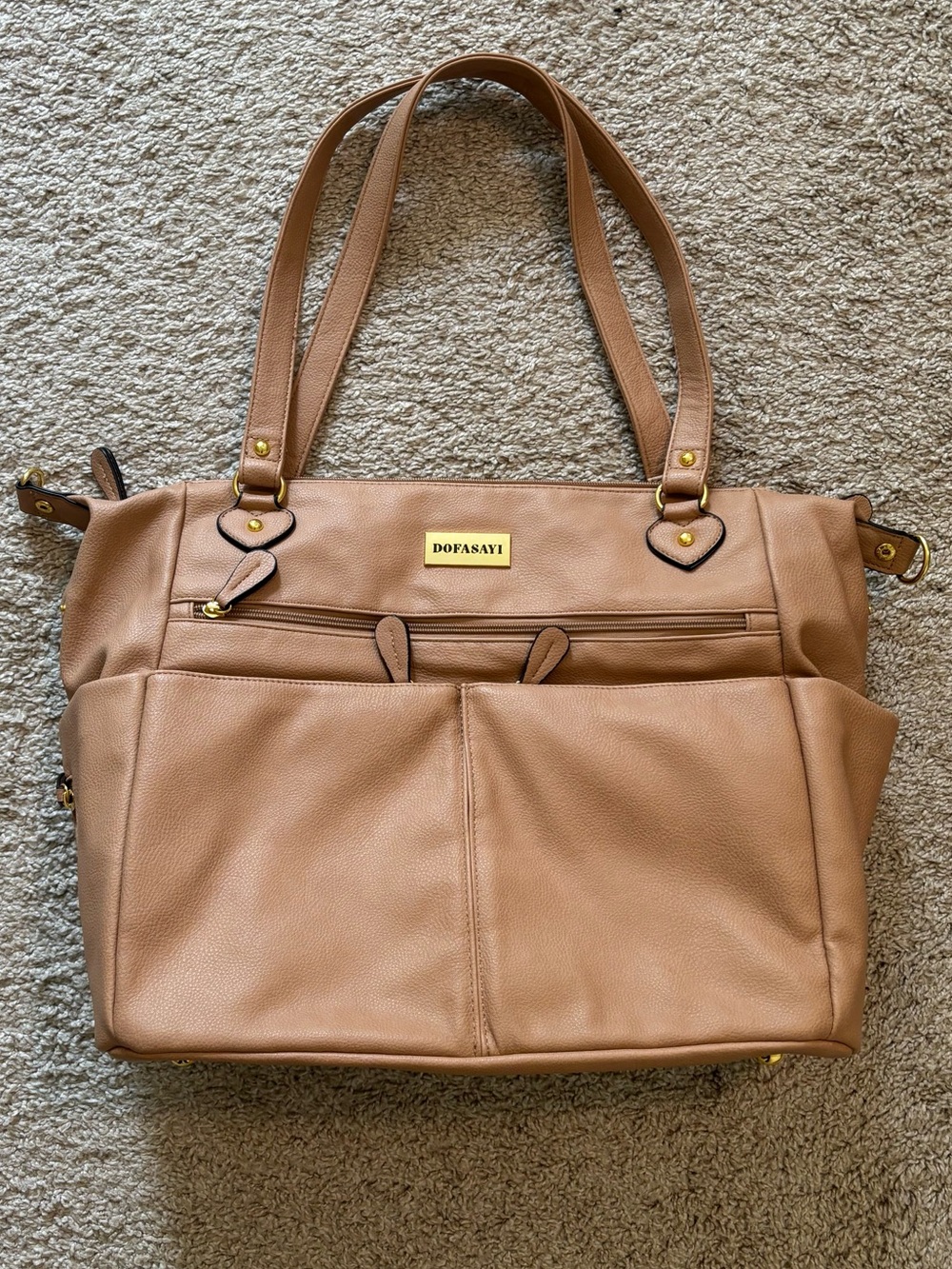 Beige Vegan Leather Diaper Bag / Work Tote